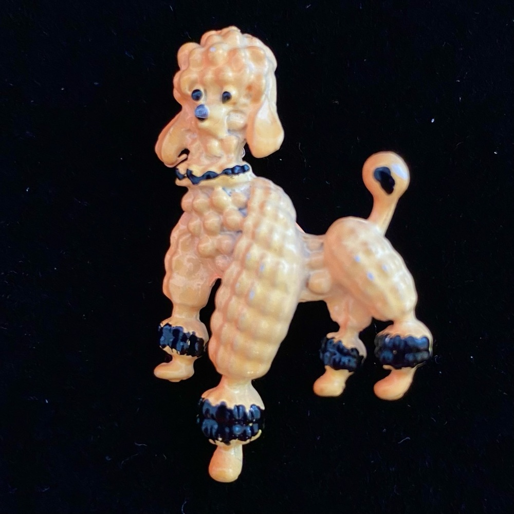 Poodle Brooch Pin VTG Orange Black Enamel